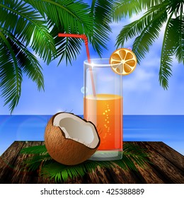 tropical vector background with leaves of palm trees summer sky  clouds exotic beverage and fruit on wooden deck