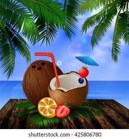 tropical vector background with leaves of palm trees summer sky  clouds exotic beverage and fruit cocnut on wooden deck