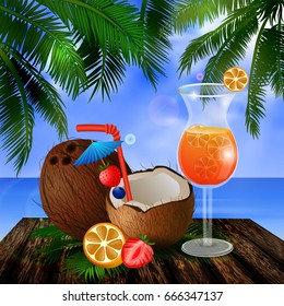 tropical vector background with leaves of palm trees summer sky clouds exotic beverage and fruit on wooden deck