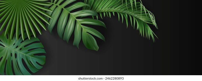 Tropical vector background made of exotic natural leaves. Paradise plants, gorgeous greenery. Stylish fashion banner. Wedding template. Leaves are not trimmed. Isolated and editable