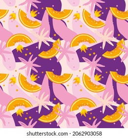 tropical vector background with melon slices. purple spots with fruits and flowers. square pattern for fabrics and covers.