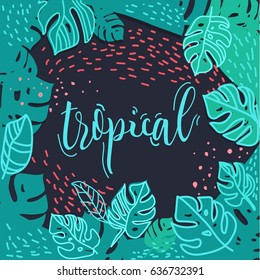  Tropical vector background. Monstera leaves. Nature.