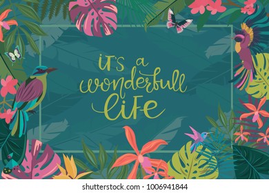 Tropical vector background with tropical palm leaves, flowers, butterfly and birds for wallpapers, web page backgrounds, surface textures, textile, wedding invitation, business products