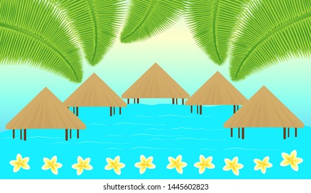Tropical vector background with palm leaves, bungalows, ocean and flowers