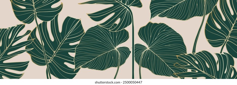 Tropical vector background with tropical plants and monstera leaves. Botanical vector illustration