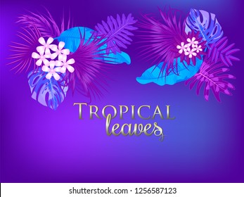 Tropical vector background in Proton Purple color, trend concept. Botany design for cover. Jungle leaves can be used for brochure template, poster, wedding invitation or card design.