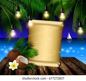 tropical vector background with scroll paper blank leaves of palm trees summer night sky patio lightss exotic cocnut on palm leaves and wooden deck vector