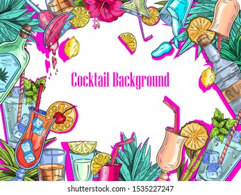 Tropical vector background with summer fruit, flowers and leaves, alcoholic cocktails and bottles with neon pink shadows. With white space for your text.