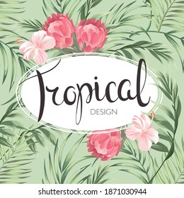 Fondo vectorial tropical con tipografía y hojas de palma. Ilustración botánica de verano para banner, tarjeta, paquete. Diseño de verano exótico.
