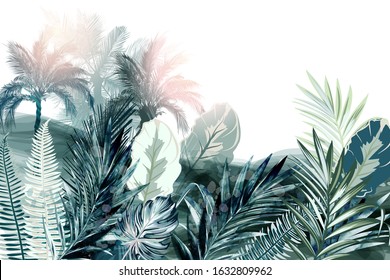 Tropical vector background or wallpaper poster with palm treed and green leaves, watercolor realistic style