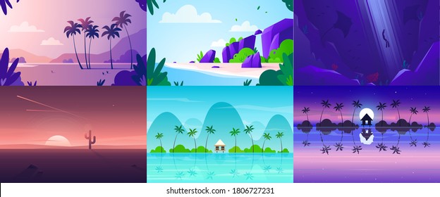 Tropical vector banners set with polygonal landscape illustrations. Flat design