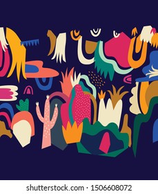 Tropical vector colorful background with cactus, flowers, leaves and abstract elements