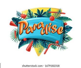 tropical vector design for banner with dark green palm leaves and lettering.