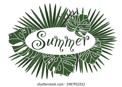 Tropical vector design for banner or frame with exotic palm leaves, monstera leaf and lettering Summer.