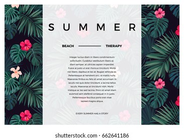 Tropical vector design with bright hibiscus flowers and exotic palm leaves on dark background. Space for text.
