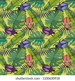 Tropical vector design with exotic leaves and beetles . Vector logo, design, template, icon, card, poster etc