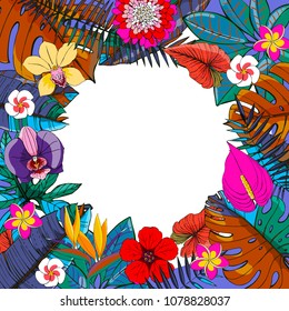 Tropical vector design with exotic palm leaves, hibiscus, orchids flowers. Vector logo, design, template, icon, card, poster etc