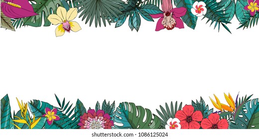 Tropical vector design with exotic palm leaves, hibiscus, orchids flowers. Vector logo, design, template, icon, card, poster etc