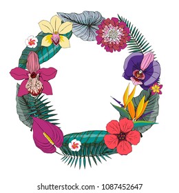 Tropical vector design with exotic palm leaves, hibiscus, orchids flowers. Vector logo, design, template, icon, card, poster etc
