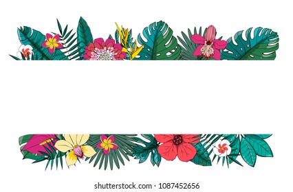 Tropical vector design with exotic palm leaves, hibiscus, orchids flowers. Vector logo, design, template, icon, card, poster etc