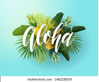 Tropical vector design with green palm leaves, pineapples and hand drawn Aloha inscription. Summer hawaiian illustration.