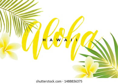 Tropical vector design with green palm leaves, plumeria flowers, pineapples and hand drawn Aloha inscription. Summer hawaiian illustration.