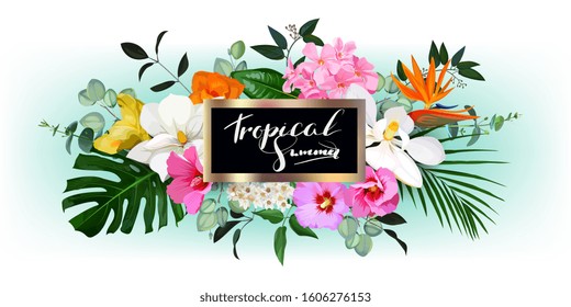 Tropical vector design of greeting card with hibiscus and magnolia flowers