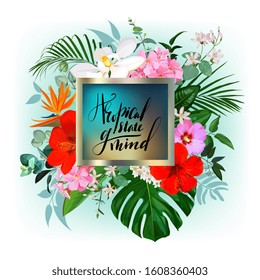 Tropical vector design of greeting card with hibiscus and magnolia flowers