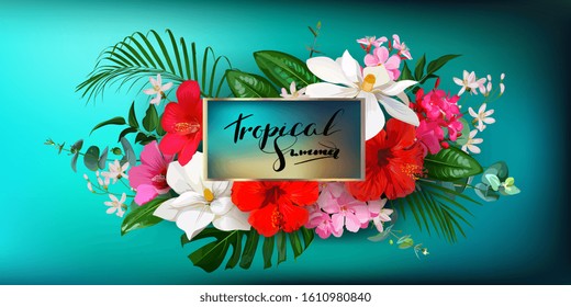 Tropical vector design of greeting card with hibiscus and magnolia flowers