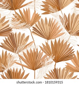 Tropical vector dry palm leaves, pampas grass seamless pattern, watercolor design boho background for wedding, textile print, exotic tropical wallpaper texture, cover, backdrop, decoration