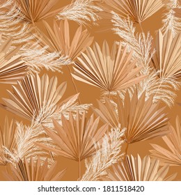 Tropical vector dry palm leaves, pampas grass seamless pattern, watercolor design boho background for wedding, textile print, exotic tropical wallpaper texture, cover, backdrop, decoration