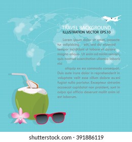 tropical vector elements for design on a world map background (Sunglasses, coconut drink, orchid flowers)