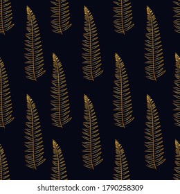 Tropical vector fern leaves seamless pattern black background. Exotic wallpaper. Modern trendy print. Gold leaves.