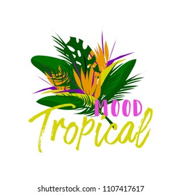 Tropical vector floral collage bouquet of different palm leaves, exotic strelitzia flower in colorful flat collage style. Decoration elements for invitations, greeting cards, wedding, apparel, t shirt