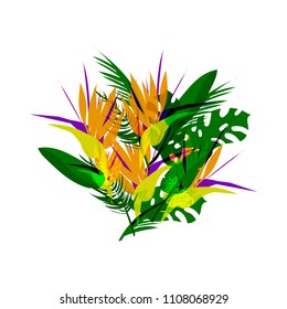 Tropical vector floral collage bouquet of different palm leaves, exotic strelitzia flower in colorful flat collage style. Decoration elements for invitations, greeting cards, wedding, apparel, t shirt