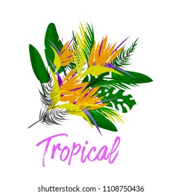 Tropical vector floral collage bouquet of different palm leaves, exotic strelitzia flower in colorful flat collage style. Decoration elements for invitations, greeting cards, wedding, apparel, t shirt