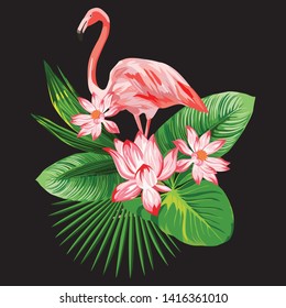 Tropical vector floral composition cool bird pink flamingo and beauty lotus flowers, green leaves on the black background. Lovely fabric shirt print