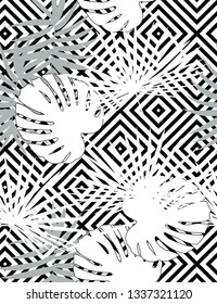 Tropical vector floral pattern with palm leaves, jungle leaf. Tropic monochrome background, black and white illustration.