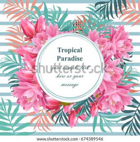 Tropical vector floral round card. Summerl template design with palm leaves and exotic flowers