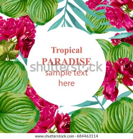Tropical vector floral round card. Summerl template design with palm leaves and exotic flower