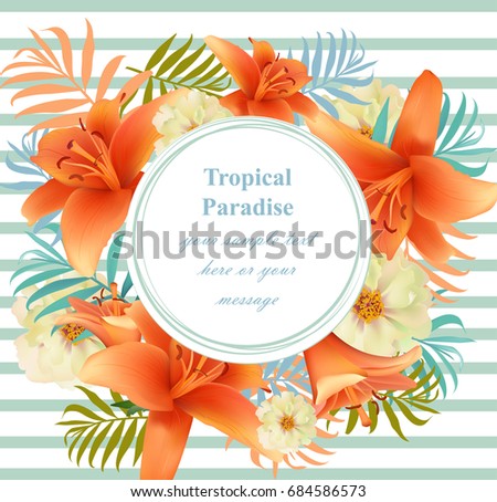Tropical vector floral round card. Summerl template design with palm leaves and exotic flowers