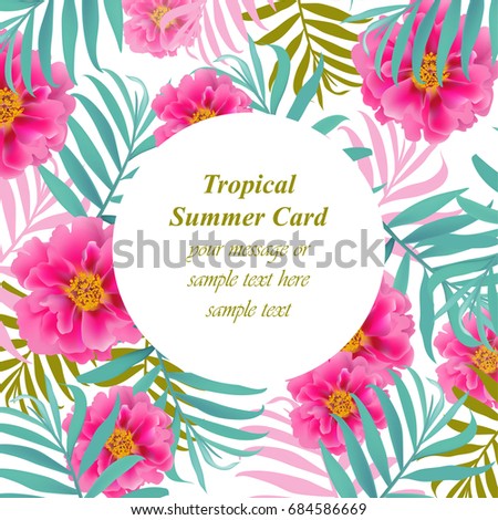 Tropical vector floral round card. Summerl template design with palm leaves and exotic flowers