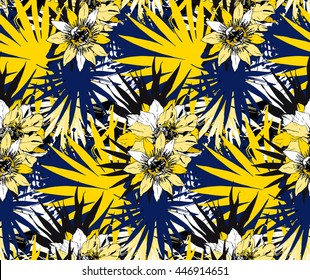 Tropical vector floral seamless pattern with yellow exotic flowers passiflora, cactus. Fabric texture design for summer clothing, bikini prints. Hand drawn watercolor botanical illustration. Bali Thai