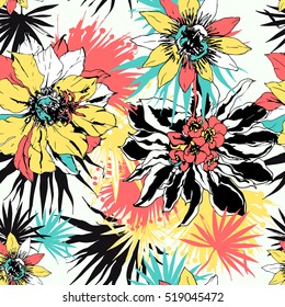 Tropical vector floral seamless pattern with exotic flowers passiflora, cactus. Fabric texture design for summer clothing, bikini prints. Hand drawn watercolor botanical illustration. Bali, Thailand.