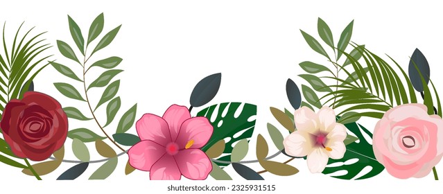 Tropical vector floral set. card with flower illustration. Bouquet with exotic leaves isolated on white background. composition for an invitation to a party or holiday