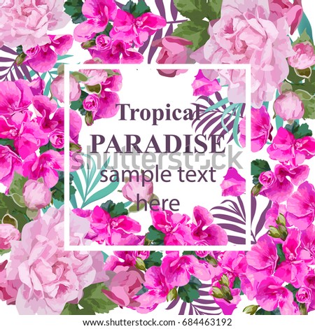 Tropical vector floral sweet card. Summerl template design with palm leaves and exotic flowers