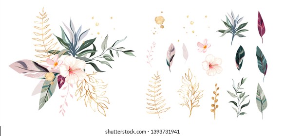 Tropical vector flowers. card with floral illustration and gold leaves, splash. Bouquet of flowers with exotic Leaf isolated on white background. composition for invitation 