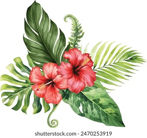 Tropical vector flowers. card with floral illustration. Bouquet of flowers with exotic Leaf isolated on white background. composition for invitation to party or holiday