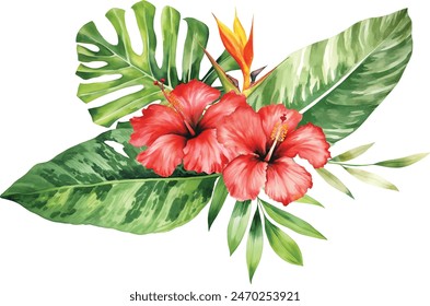 Tropical vector flowers. card with floral illustration. Bouquet of flowers with exotic Leaf isolated on white background. composition for invitation to party or holiday