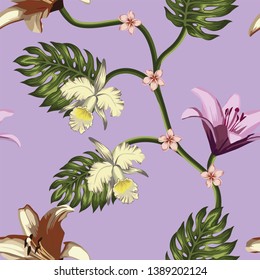 Tropical vector flowers and leaves seamless pattern on the violet background